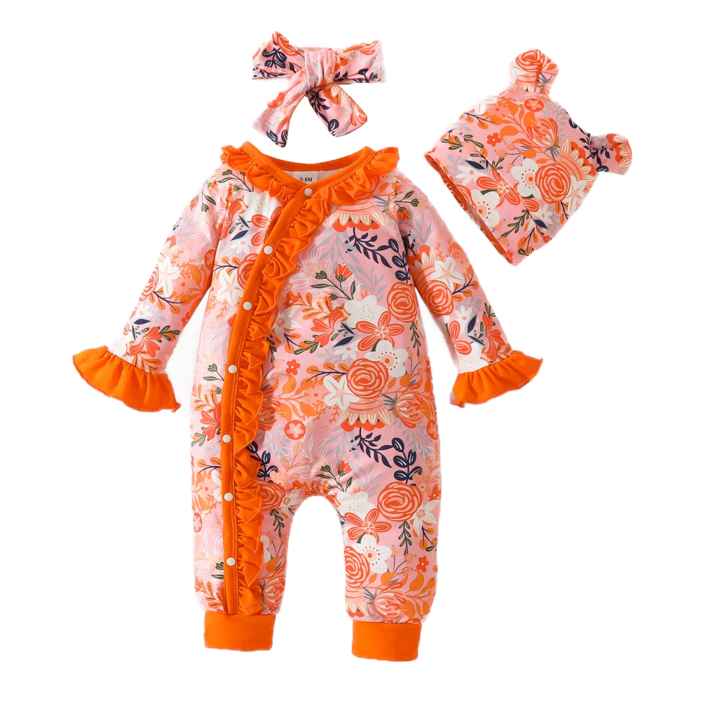 Baby Girls 3 Piece Outfits Floral Ruffle Romper and Cute Headband Hat