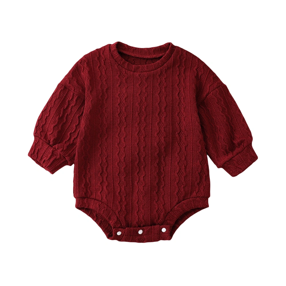 Baby Girl Knit Romper Long Sleeve Round Neck Solid Color Bodysuit