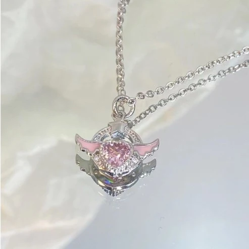 Rhinestone Heart Wings Pendant Necklaces Pink Crystal Clavicle Chain