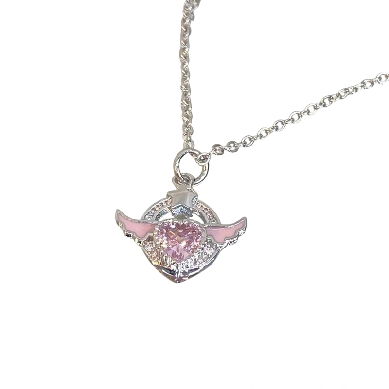 Rhinestone Heart Wings Pendant Necklaces Pink Crystal Clavicle Chain