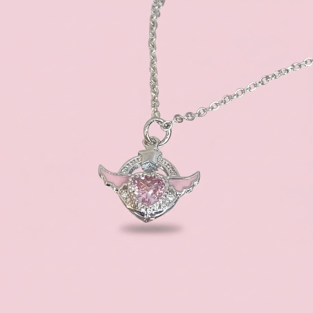 Rhinestone Heart Wings Pendant Necklaces Pink Crystal Clavicle Chain