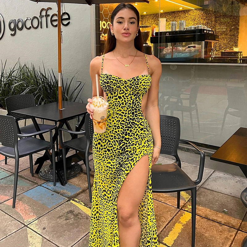 Lady Sexy Backless Slit Fashion Hot Girl Leopard Print Suspender Dress