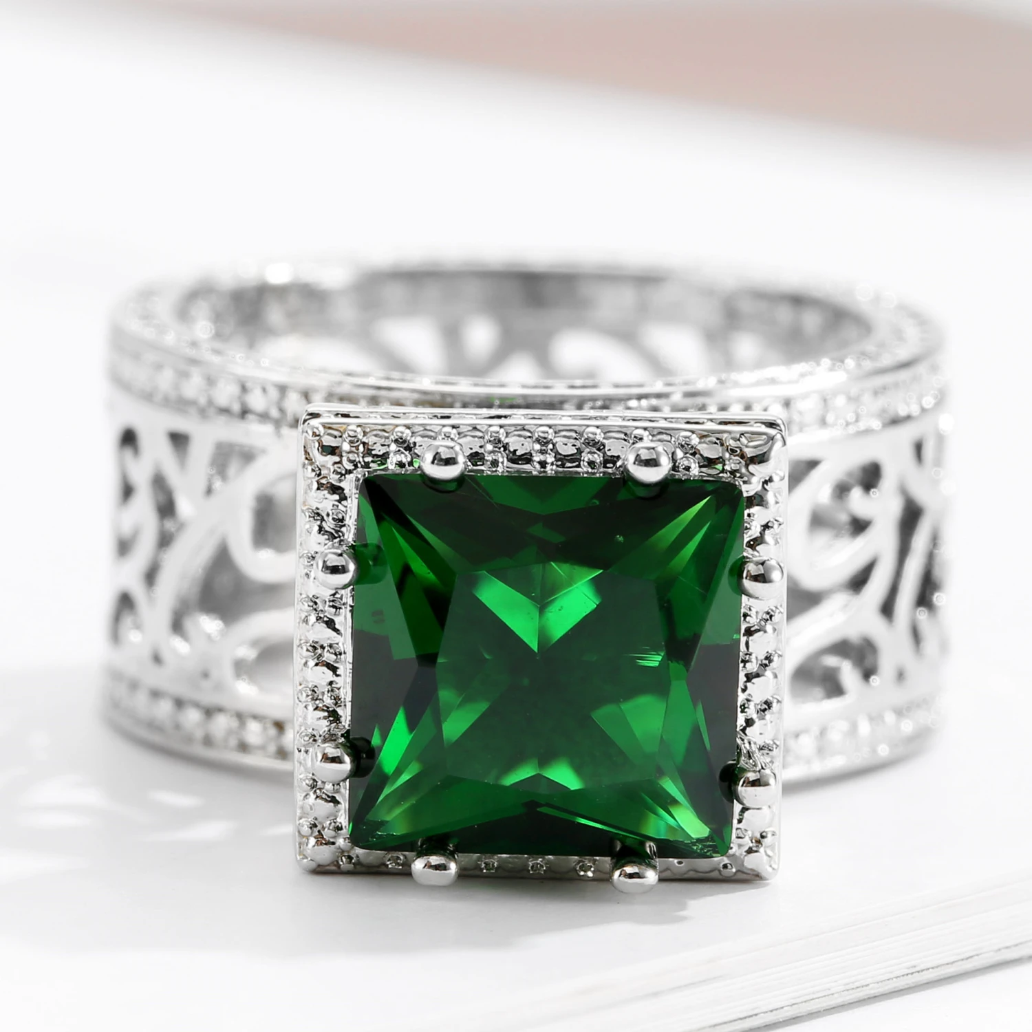 Emerald Square Diamond Zircon Princess Ring