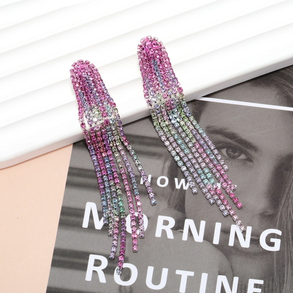 High-grade Long Gradient Color Colorful Crystals Tassel Earrings