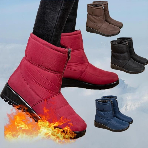 Women’s Solid Color Zipper Snow Boots Winter Warm Snow Shoes Outdoor Waterproof Flat Shoes