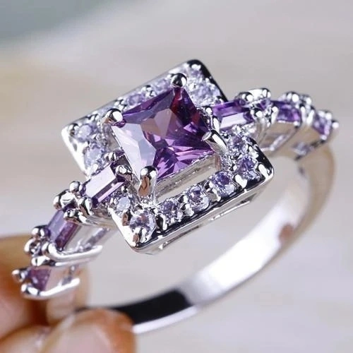 Elegant Noble Princess Silver Plated Color Purple Zircon Ring Bride Engagement Wedding Anniversary Gift Birthday Party Ring Size 5-11