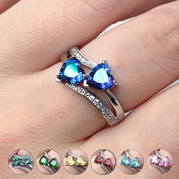 Fashion Elegance Silver Color Double Heart-Shaped Zircon Birthstone Bridal Princess Wedding Engagement Party Ring Size 6-10