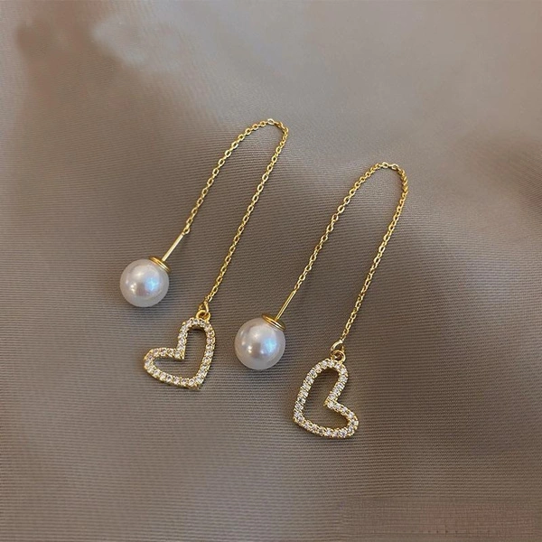 Trendy New Fashion Women Gold Exquisite Long Pearl Earrings Silver Needle Diamond Crystal Love Earrings Ladies Earrings