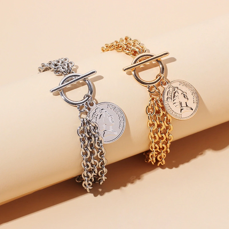 Gold Color Charm Chain Bracelets for Women Men Metal Portrait Coin Alloy Bracelets Fashion Jewelry