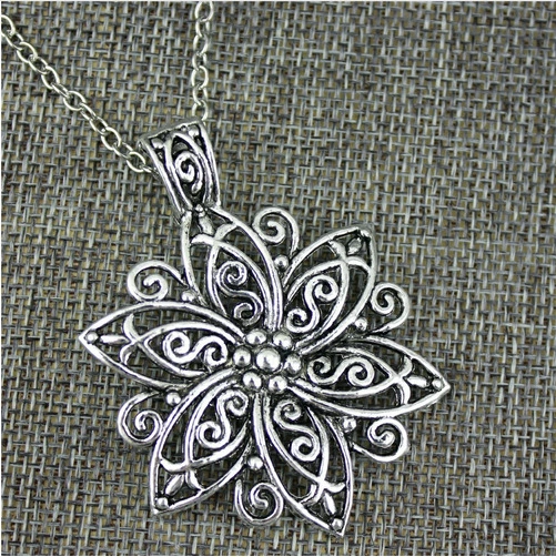 Fashion Simple Antique Silver Big Flower Pendant Necklace , 68cm chain long necklace