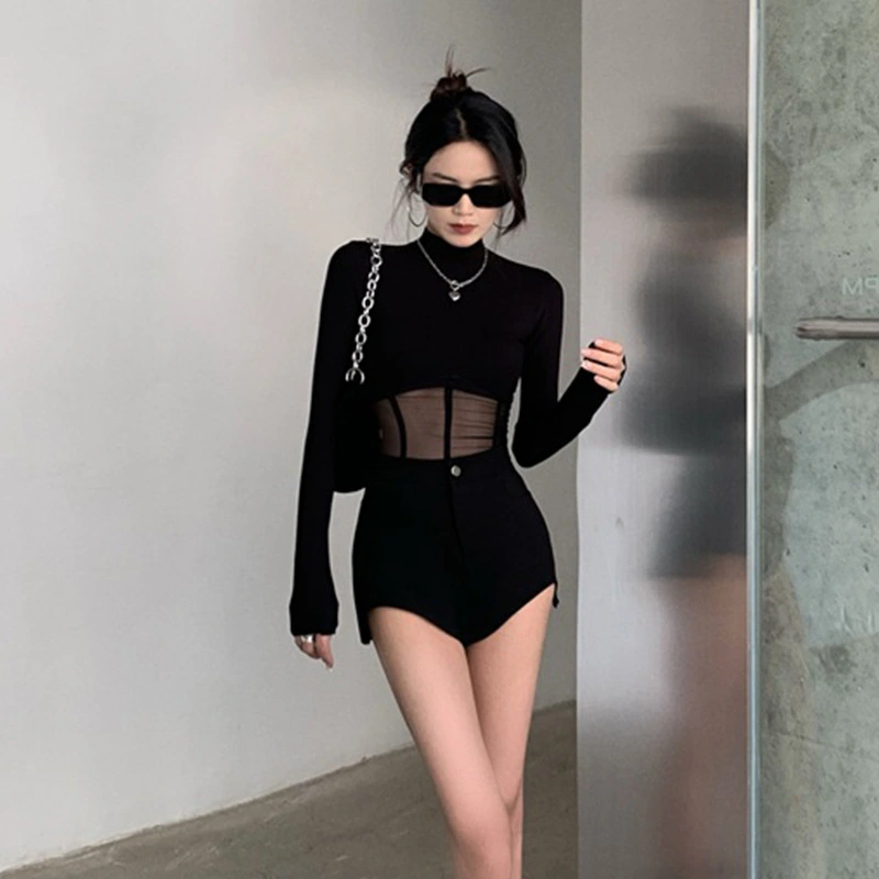 Women's Sexy Stitching Bodysuit Perspective Mesh Tops