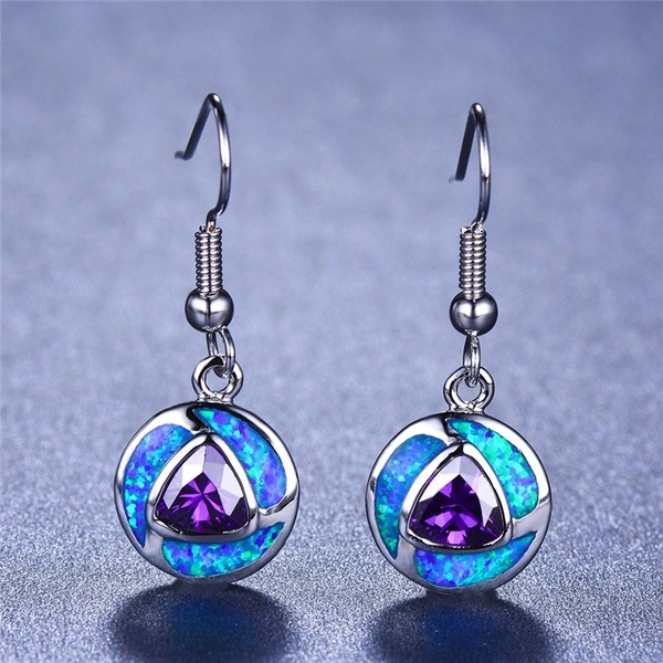 Boho Unique Round Blue Fire Opal 925 Sterling Silver Drop Earrings Amethyst Zircon Female Wedding Party Earrings Best Gift