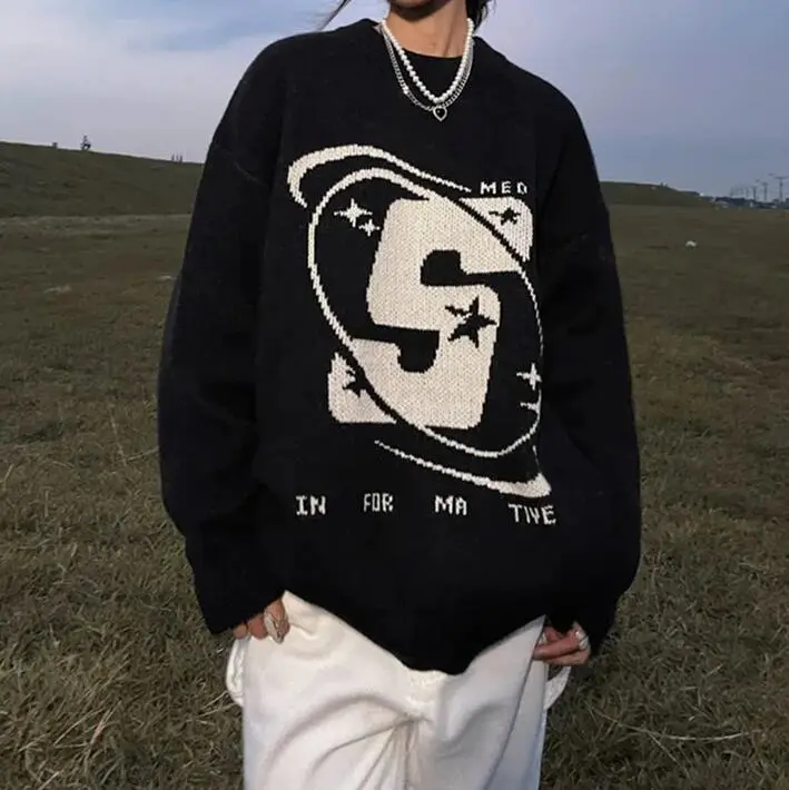 American Autumn Winter Retro Round Neck Loose Sweater Coat Sweater