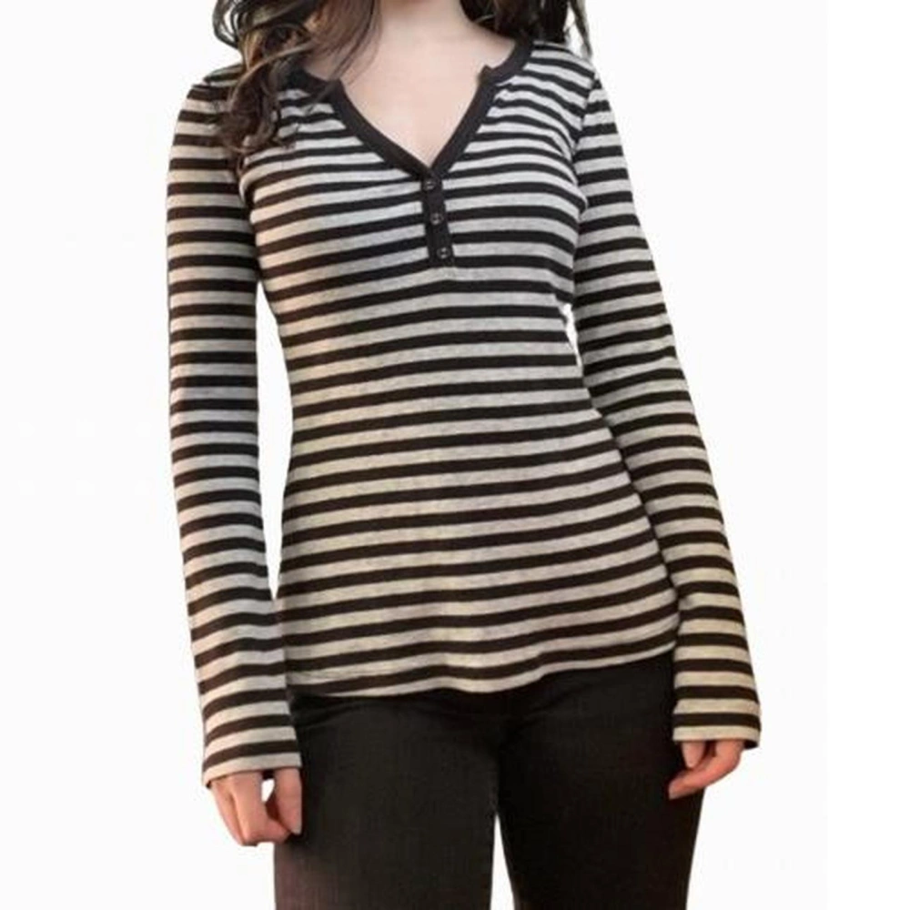 Women Long Sleeve T-Shirts Stripe V-Neck Shirts Spring Fall Tops