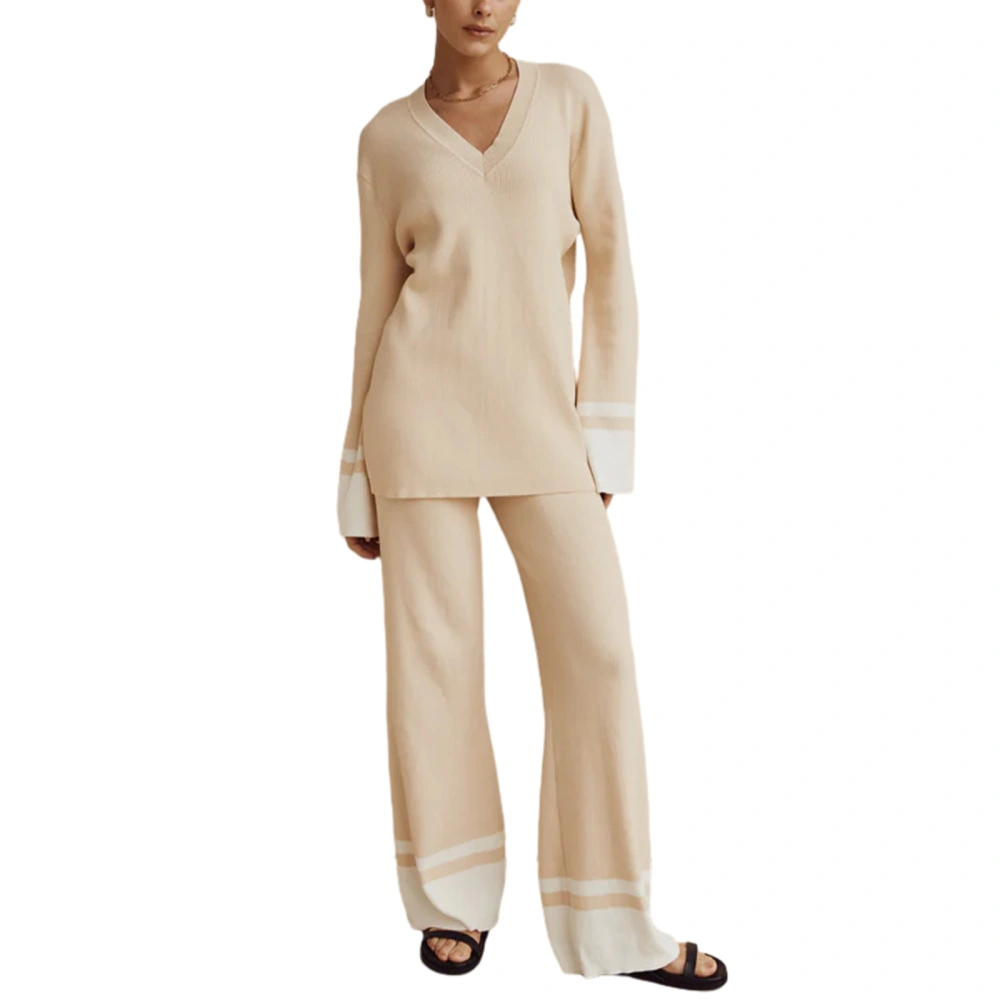 Women Pants Suit, Contrast Color V-neck Sweater with Wide Leg Pants