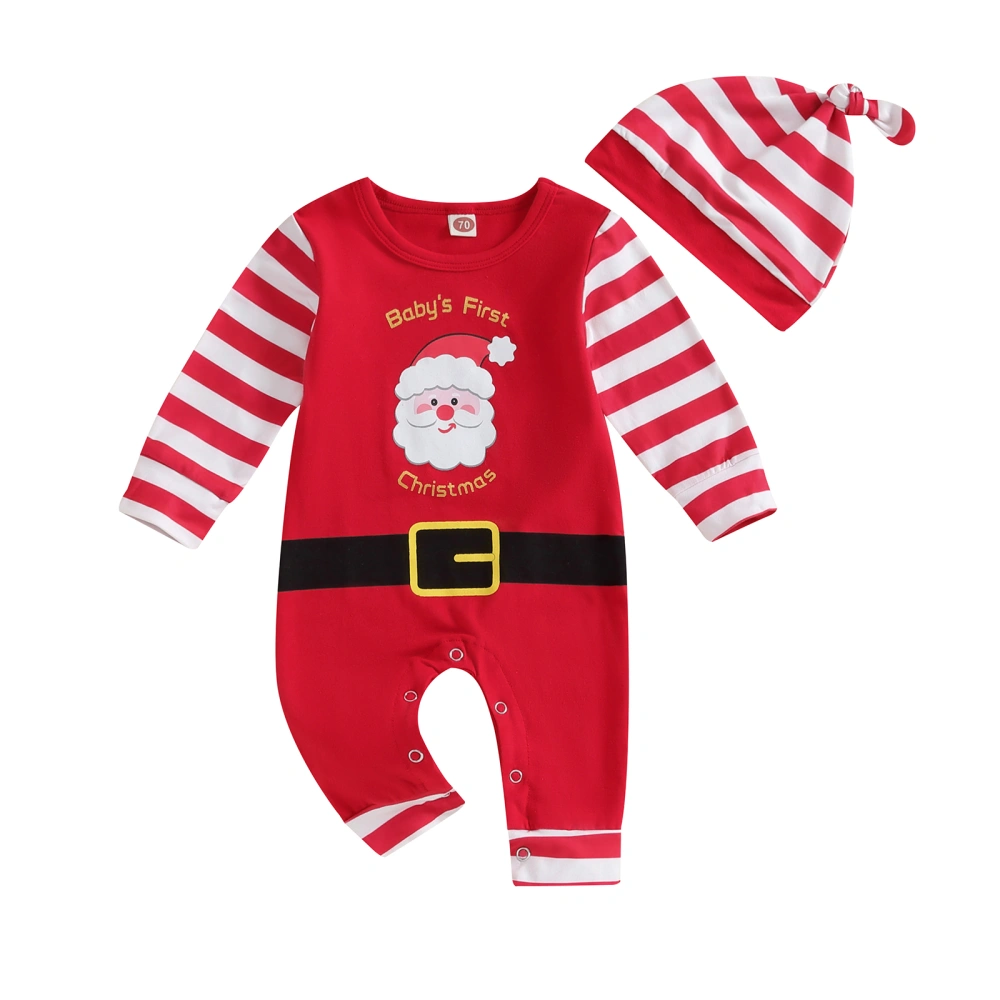 Baby Santa Costume Striped Long Sleeve Round Neck Romper + Hat