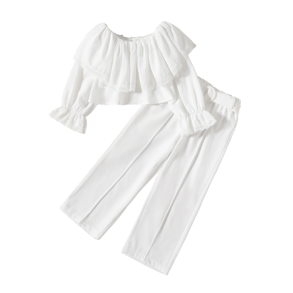 Girls Pants Set, Off-shoulder Lace Patchwork T-shirt with Belted Pants