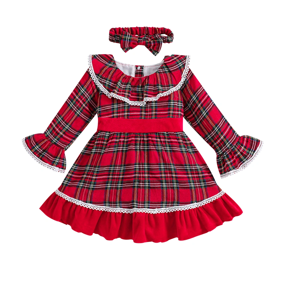 Girls Dress Christmas Clothes Plaid Princess Dress with Headband