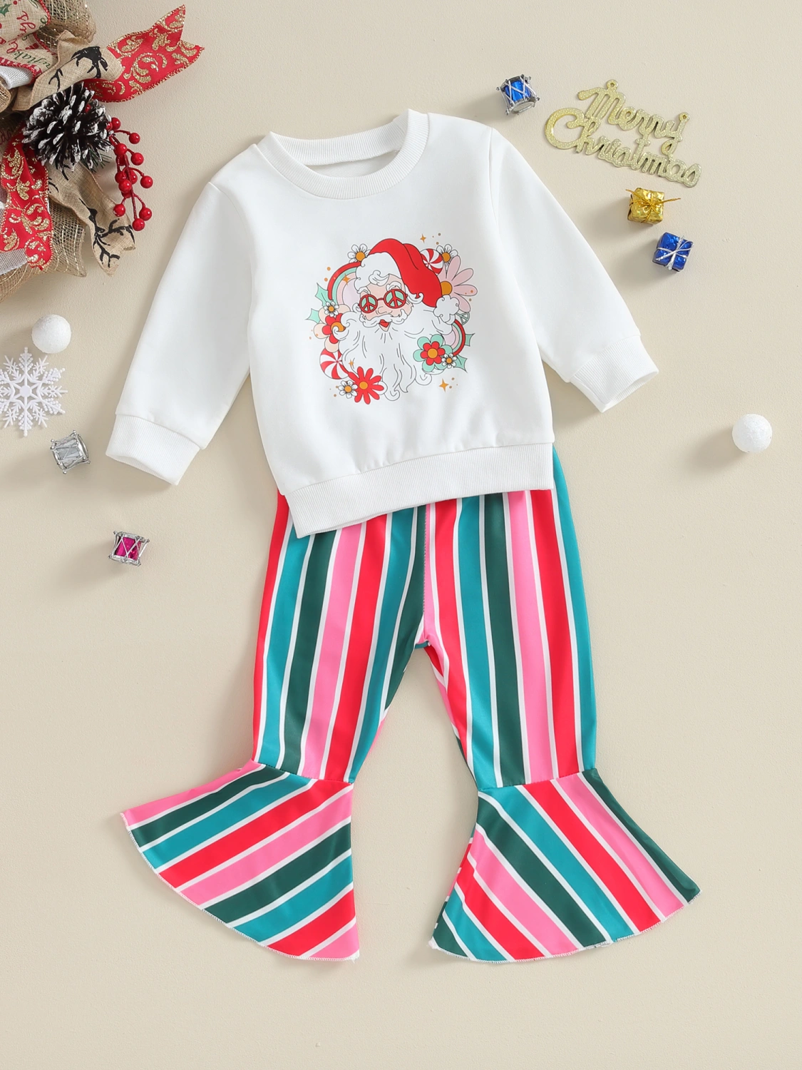 Girls Santa Claus/Tree Print Sweatshirt Tops Striped Flared Pants Sets