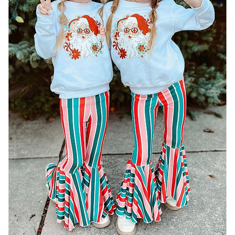 Girls Santa Claus/Tree Print Sweatshirt Tops Striped Flared Pants Sets
