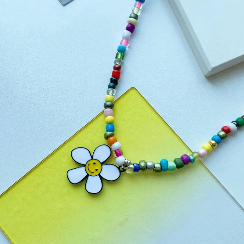 Colorful Beaded Flower Pendant Necklaces Smiling Face Clavicle Chain