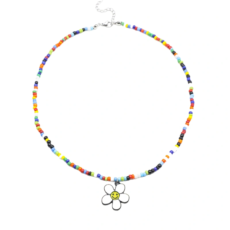 Colorful Beaded Flower Pendant Necklaces Smiling Face Clavicle Chain