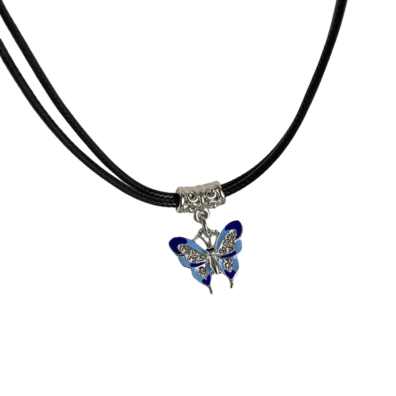 Women Butterfly Necklace Retro Charm Leather Necklace with Pendant 