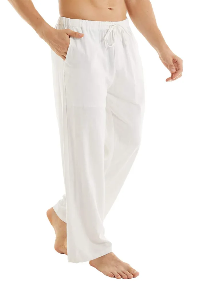 Mens Linen Pants Men Long Summer Pants Wide Easy Loose Fit Casual Yoga Vacation Beach Pants with Drawstring-White