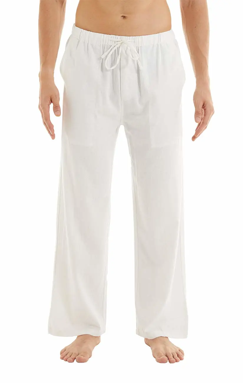 Mens Linen Pants Men Long Summer Pants Wide Easy Loose Fit Casual Yoga Vacation Beach Pants with Drawstring-White