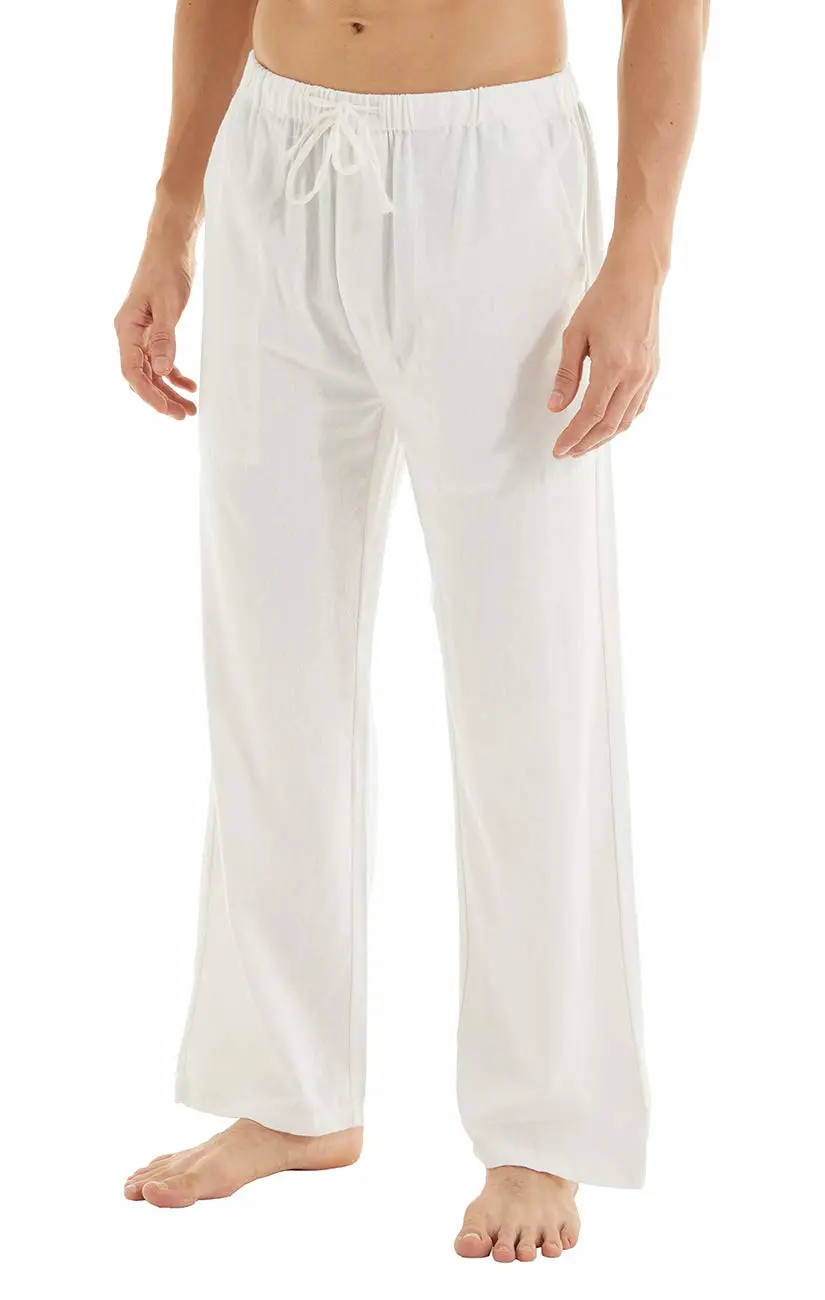 Mens Linen Pants Men Long Summer Pants Wide Easy Loose Fit Casual Yoga Vacation Beach Pants with Drawstring-White