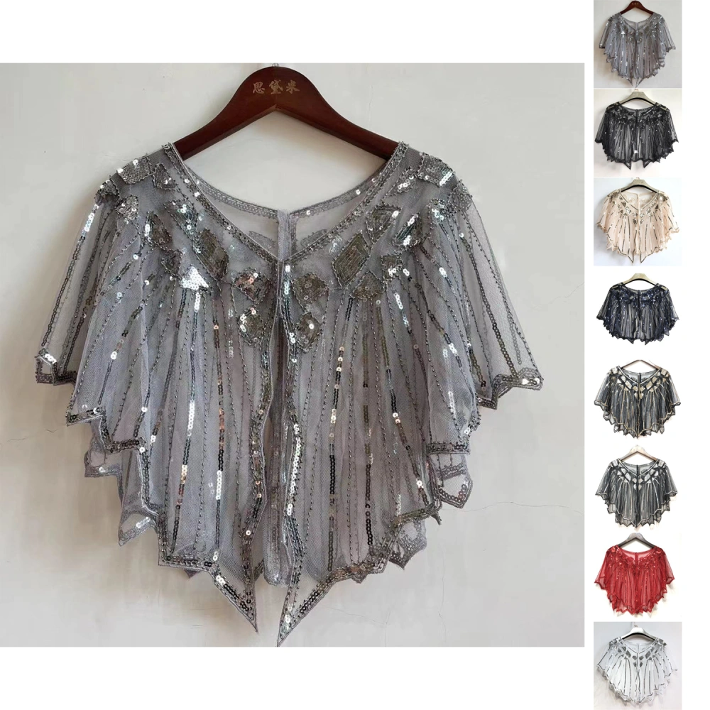 Lady 1920s Shawls Sequin Beaded Evening Cape for Women Retro Wraps Scarf for Wedding Party Bride Dress,One Size,Grey