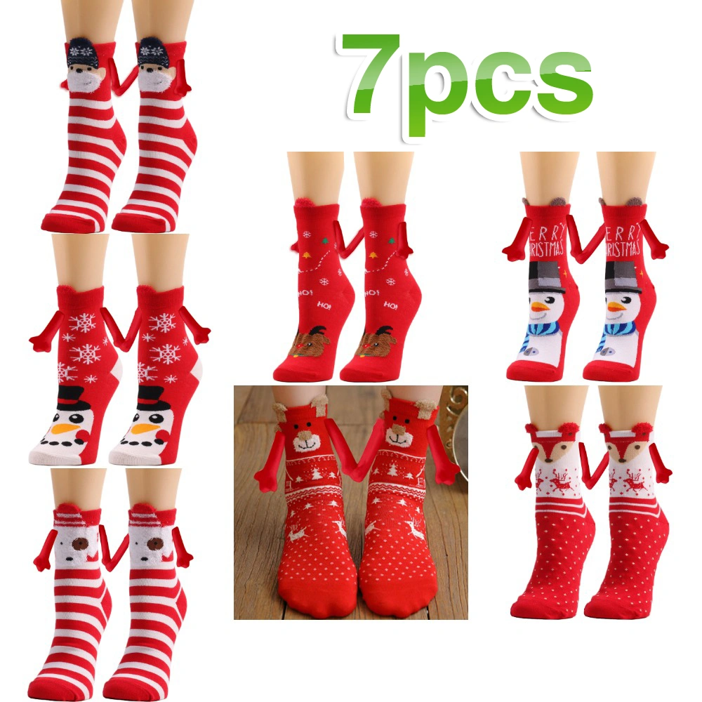 7 Pairs Holding Christmas Socks Magnetic Socks Funny 3D Doll Friendship Hand in Hand Socks Novelty Cute Gift Socks