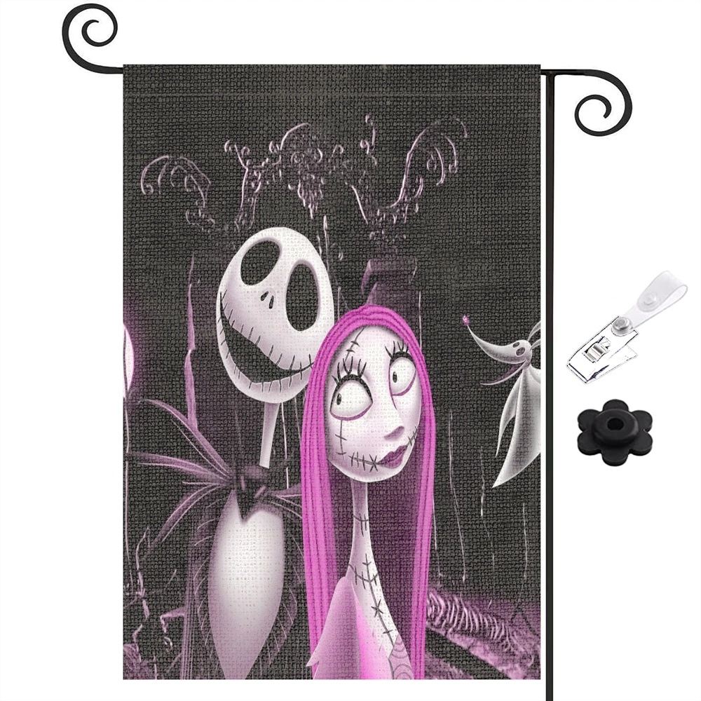 Nightmare Before Christmas Garden Flag Jack and Sally Birthday Theme Party Decoration Halloween Pumpkin Double Sized Yard Sign Outdoor Decor(ZFD)