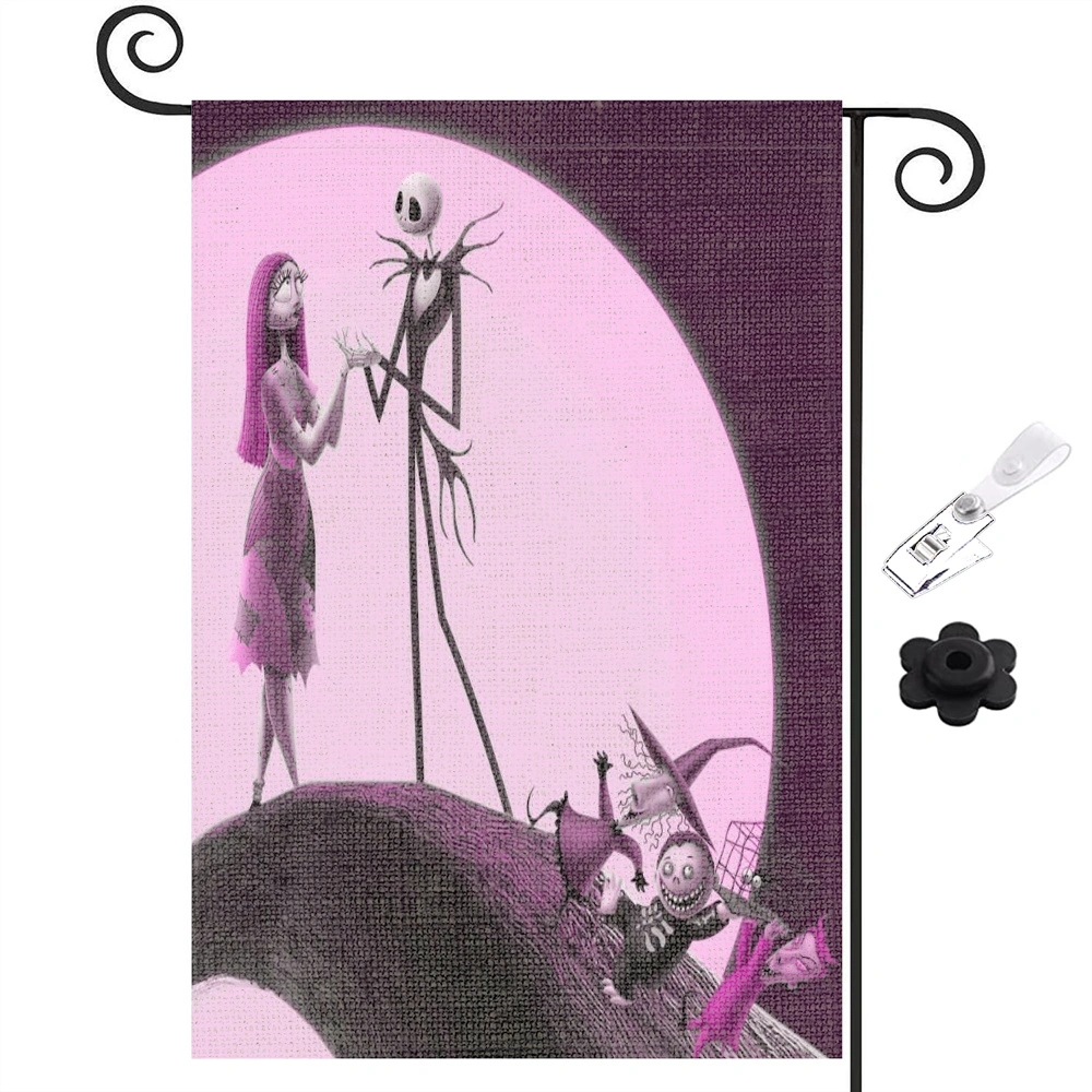 Nightmare Before Christmas Garden Flag Jack and Sally Birthday Theme Party Decoration Halloween Pumpkin Double Sized Yard Sign Outdoor Decor(ZFD)
