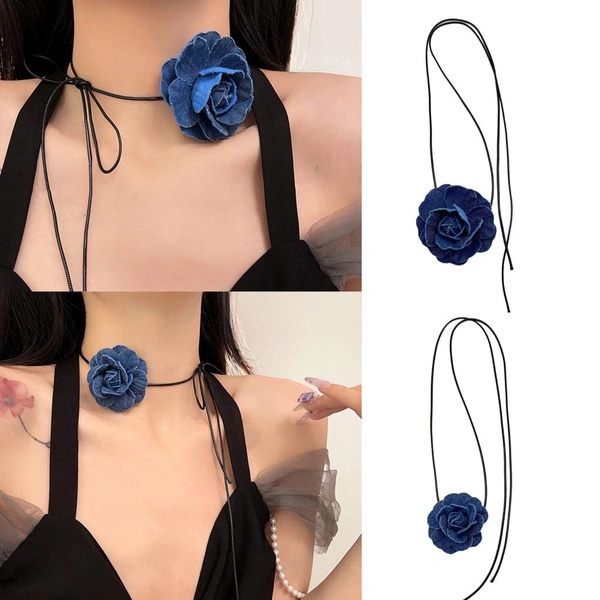 Goth Cloth Big Rose Pendant Choker Wax Rope Necklace for Women Elegant Weave Knotted Bowknot Adjustable Chain Jewelry ZEX