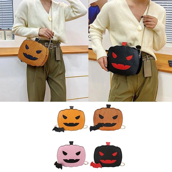 Women Novelty Crossbody Bag PU Leather Pumpkin Shoulder Bags Devil Chain Handbags Bat Pendant Halloween Tote Bag SOM