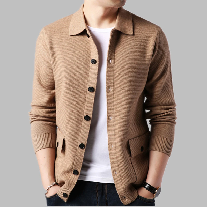 Men's Knitted Cardigan Slim Long Sleeve Thicker Woolen Lapel Collar Men's Sweater Simple Coat