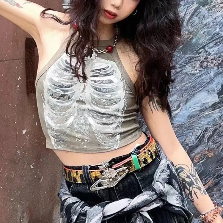 Sexy Y2K Streetwear Vintage Gothic X-ray Skeleton Print One Shoulder Sleeve Crop Top Women Summer Tank Top Harajuku Graphic