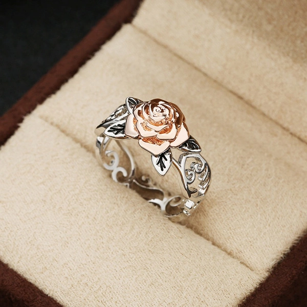 Exquisite Two Tone 925 Sterling Silver Floral Ring Solid 14k Rose Gold Fashion Flower Jewelry Proposal Anniversary Gift Engagement Wedding Band Rings for Women Size 6 - 11