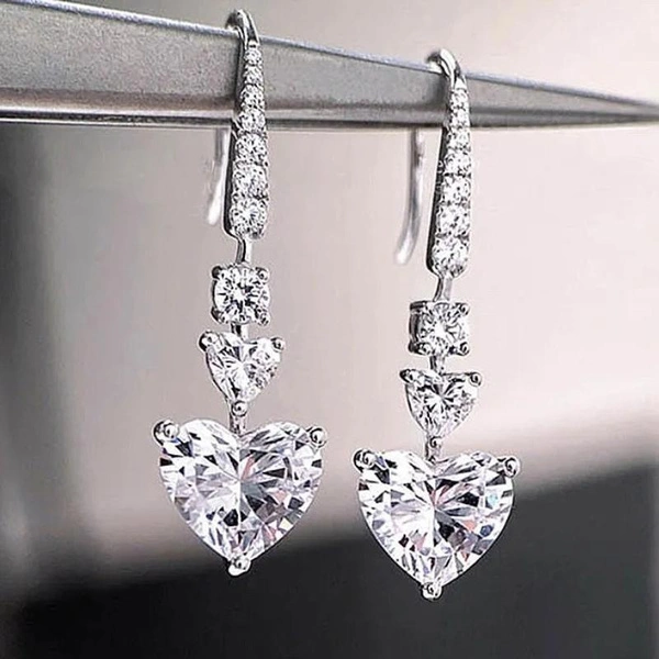 Fashion Ladies Earrings 925 Sterling Silver Hook Heart Diamond Drop Earrings Bridal Romantic Wedding Earrings