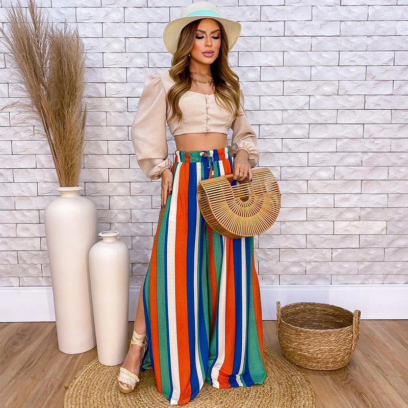 Women's Fashion Casual Square Collar Long Sleeve Short Shirt Wide Leg Pants Two-piece Set