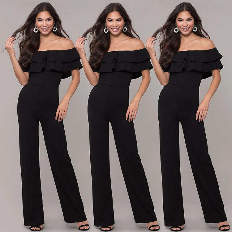 Women's Fashion Casual Pure Color Ruffles Jumpsuit