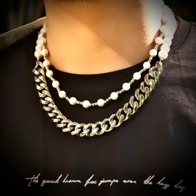 Double-layer Pearl Stacked Cuban Link Chain Stitching Necklace