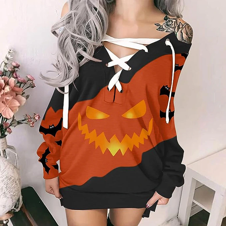 Women's V-neck Lace-up Dress Halloween Skull Print