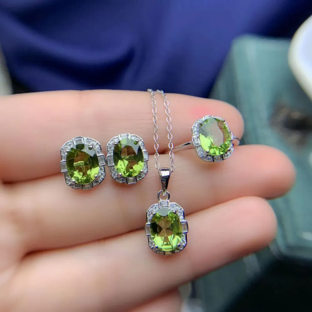 Natural Olivine Set 925 Silver Inlaid Rings Pendants Stud Earrings Three-piece Set