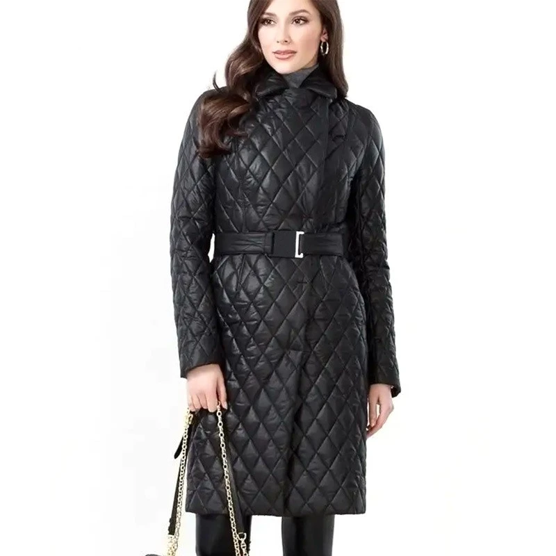 Slim-fit Lace Up Lapel Long Sleeve Plaid Long Cotton Coat