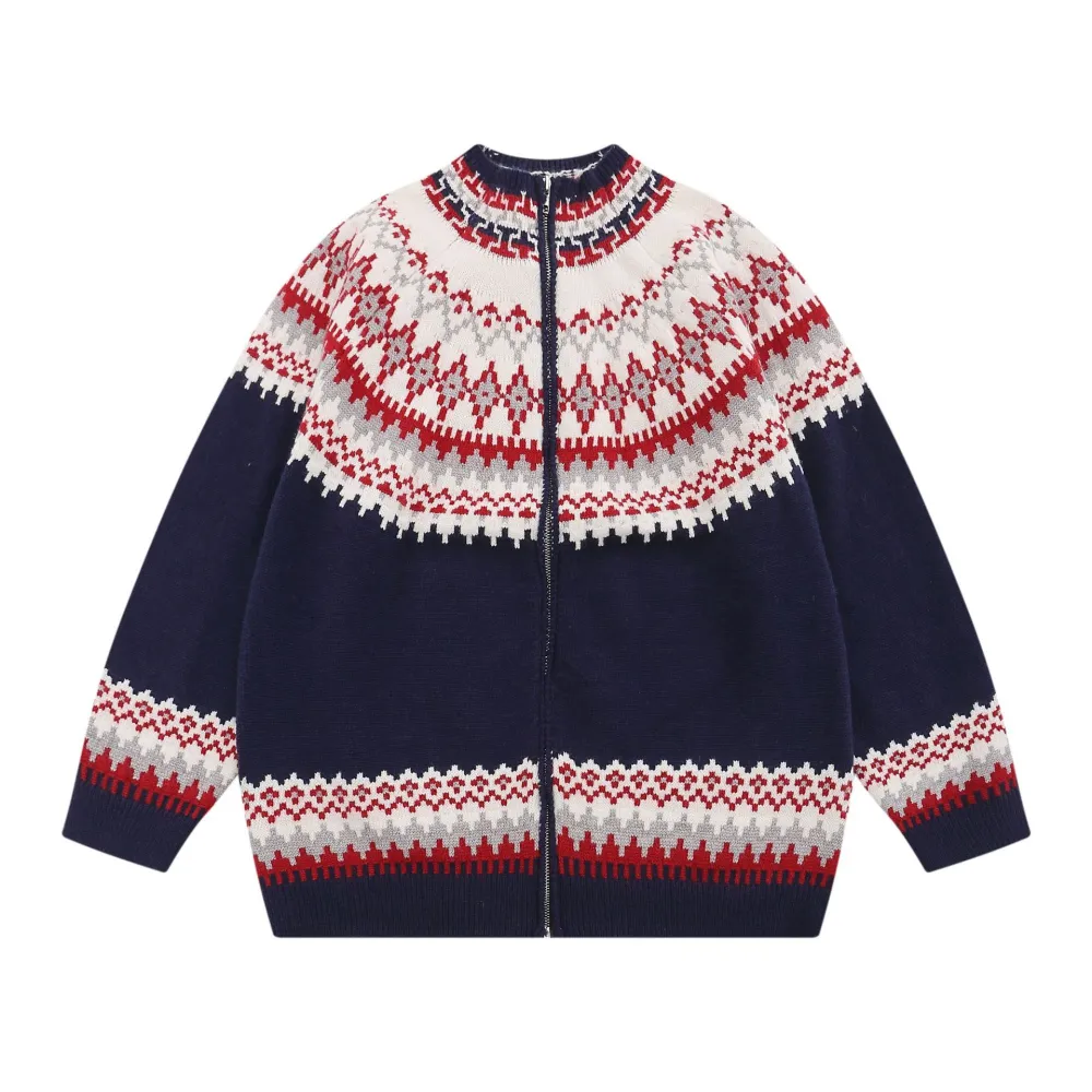Retro Ethnic Style Jacquard Round Neck Cardigan Sweater Men And Women Japanese Trendy Loose Couple Sweater Coat