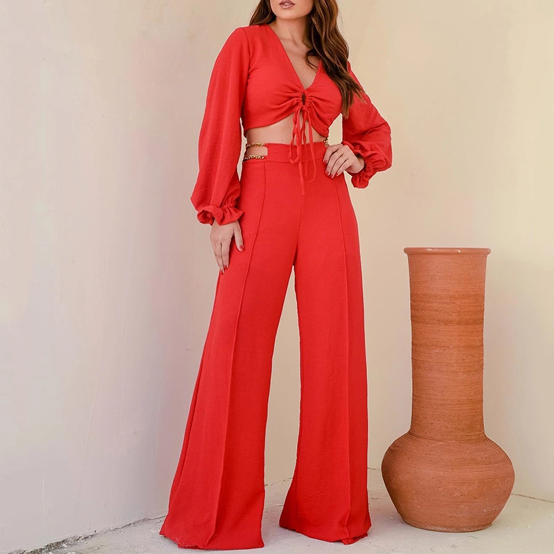 Women's Fashion V-neck Petal Sleeve Short Top Wide Leg Pants Suit
