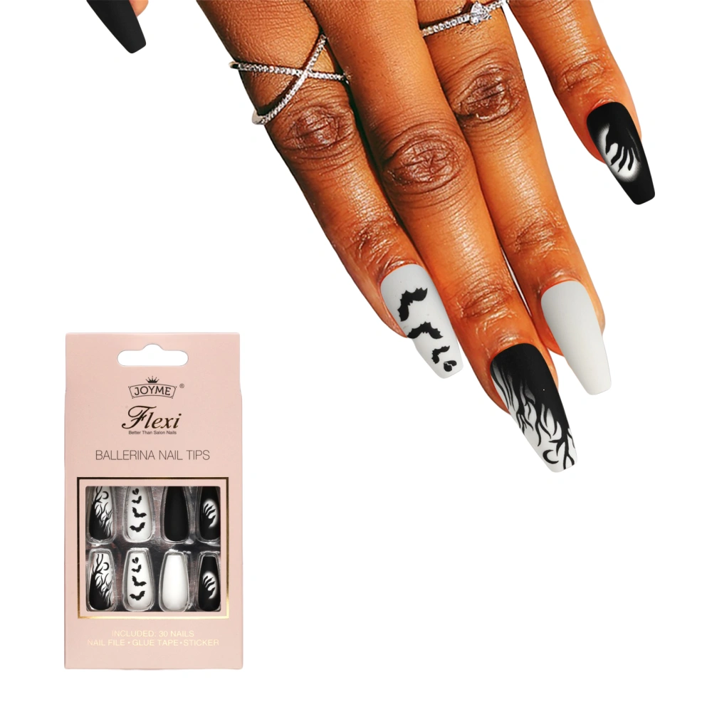 Halloween Press on Nails 30Pcs Long Fake Nails with Flame Bat Designs