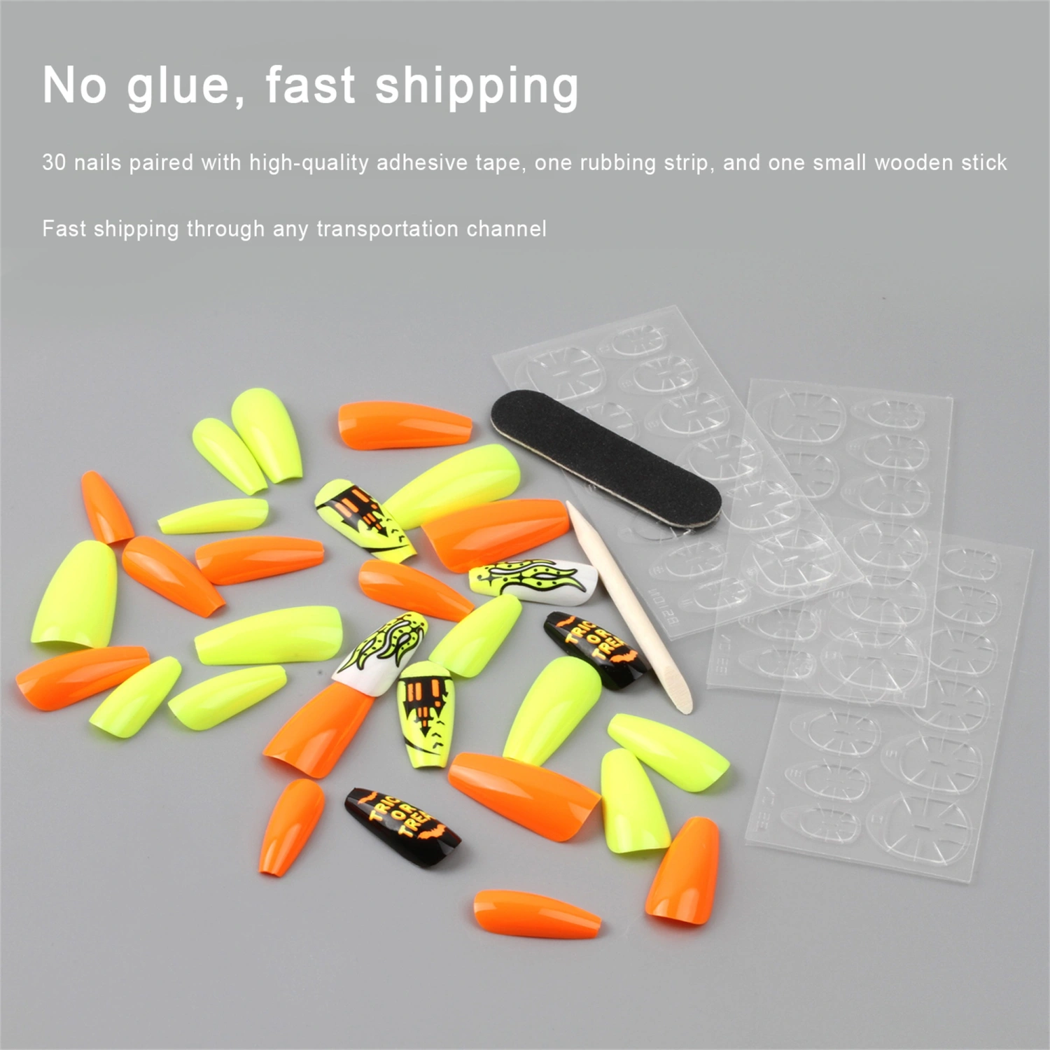 Halloween Press on Nails 30Pcs Long Fake Nails with Flame Bat Designs